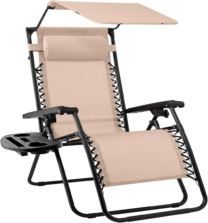 Best Choice Products Folding Zero Gravity Outdoor Recliner Patio Lounge Chair w/Adjustable Canopy Shade, Headrest, Side Accessory Tray, Textilene Mesh - Sand