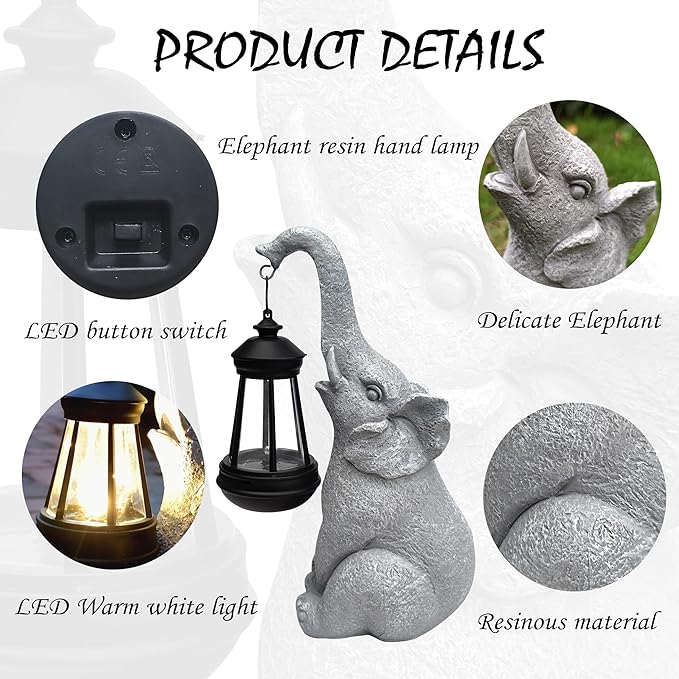 Elephant Solar Garden Statues,Resin Elephant Figurine Decorations with Solar Lights Lantern, Outdoor Figurines Lawn Garden Statue Decor Art for Lawn,Yard, Balcony Ornament.