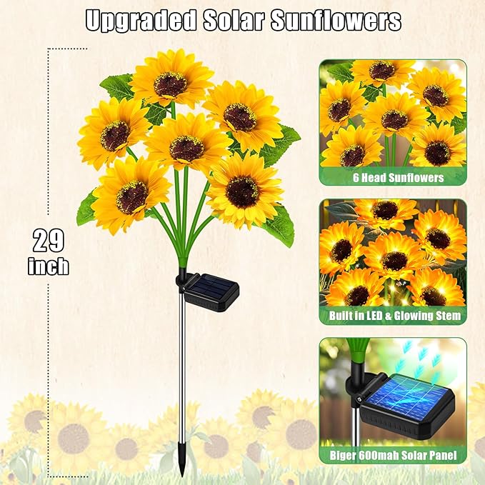 Solar Sunflower Lights Outdoor Flower Garden Stake Lights,4 Pack 24 Sunflower Waterproof Lights for Outside Party Gardening Gifts Mother's Day for Patio Yard Pathway Party Housewarming Gift