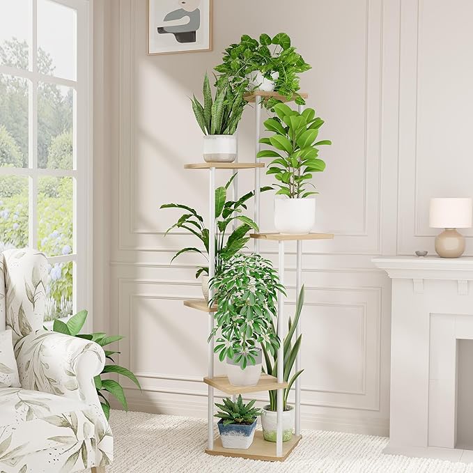 Bamworld White Plant Stand Indoor 6 Tier Metal Plant Shelf for Multiple Plants Tall Flower Stand for Patio Garden Balcony Living Room Bedroom