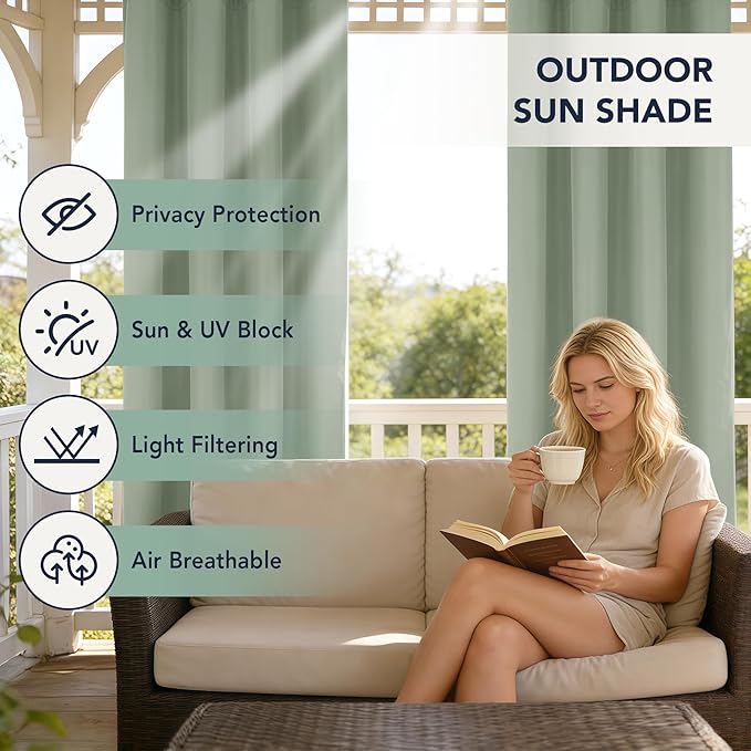 Patio Curtains Outdoor Waterproof - 6 Panels Privacy Weatherproof Outside Curtains with Grommets for Pergola, Gazebo, Porch, Cabana, Balcony, 54 x 95 Inch, Sage Green