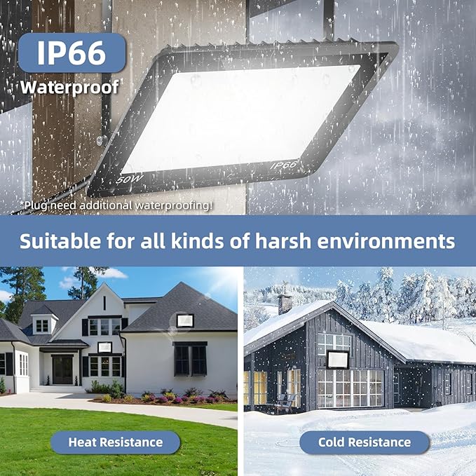50W Flood Lights Outdoor,8000LM Bright LED Work Light,IP66 Waterproof Outside Lights for Yard with Switch and 6.5FT Plug,6500K Daylight White Portable Outdoor Yard Light for Garage,Garden,Stadium