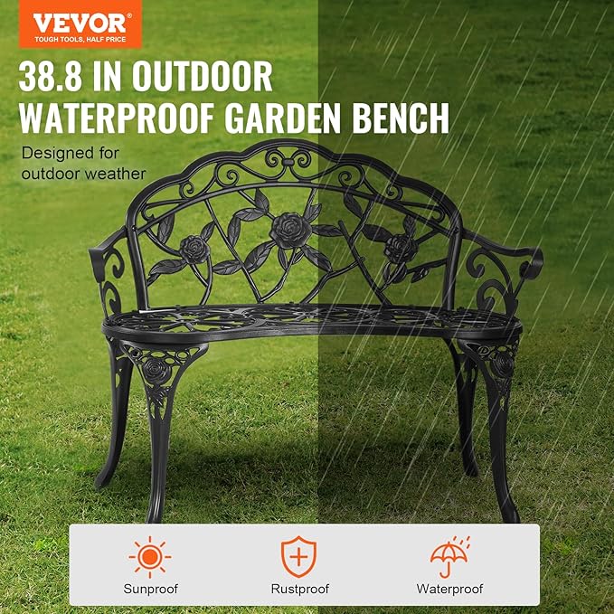 VEVOR 480 lbs Load Capacity, 38.8 inches Metal, Outdoor Backrest and Armrests, Patio Bench for Garden, Park, Yard, Front Porch, Black