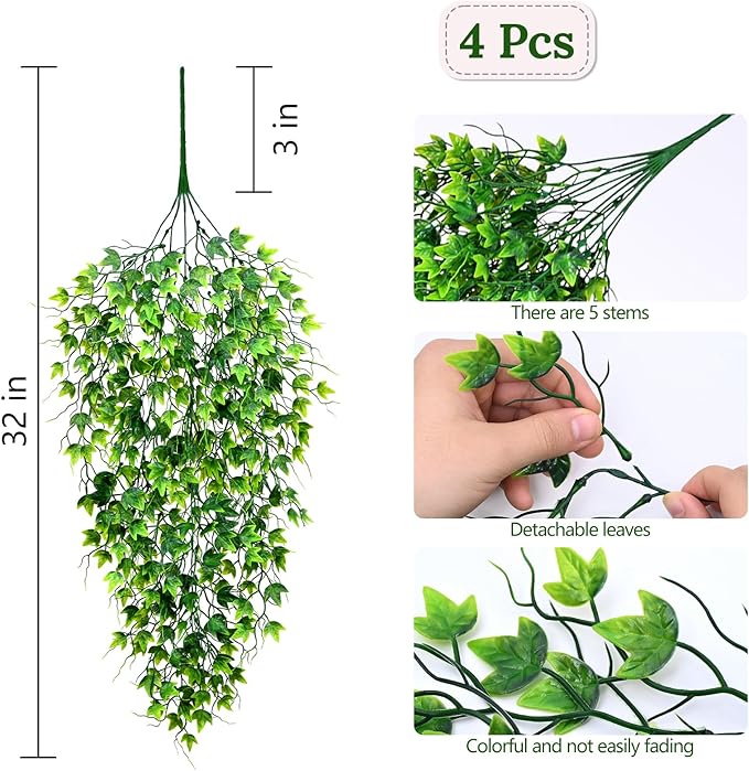 Waipfaru Artificial Hanging Ivy for Outdoors, Fake Hanging Plants, 4pcs Faux Ivy Pothos Vines Greenery for Wall Home Bedroom Living Aesthetic Kitchen Office Aesthetic Kitchen Indoor Outdoor Decor