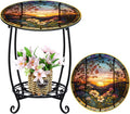 Outdoor Side Table Round Small Mosaic Patio Accent Indoor End Plant Coffee Tea Table for Yard Patio Porch Garden Living Room, Bedroom(Sunset and Flowers,14 Inch)