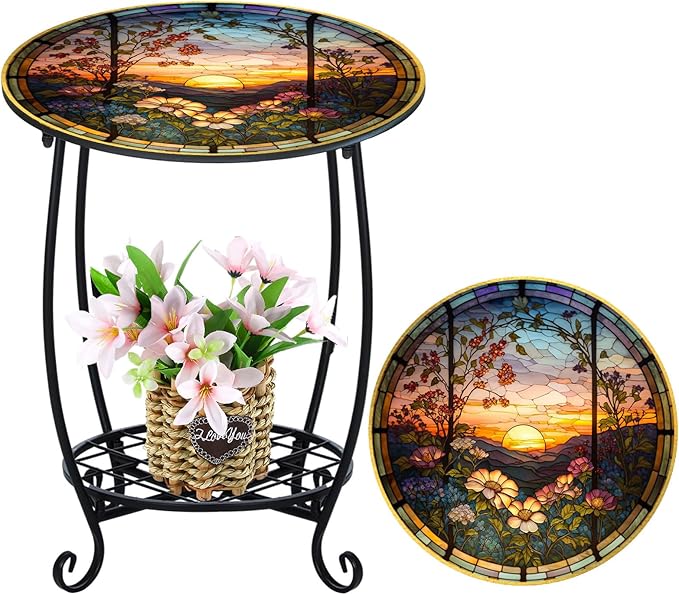 Outdoor Side Table Round Small Mosaic Patio Accent Indoor End Plant Coffee Tea Table for Yard Patio Porch Garden Living Room, Bedroom(Sunset and Flowers,14 Inch)