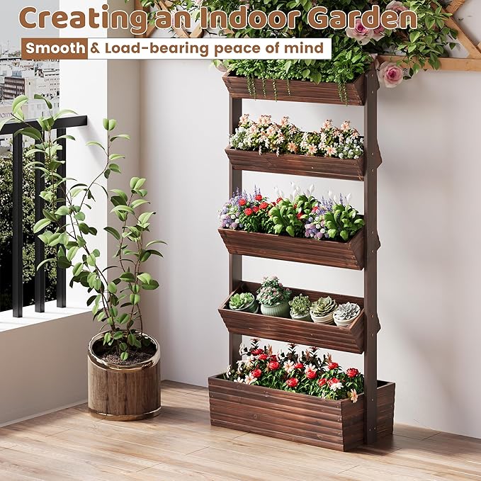 FILWH Wooden Raised Garden Bed Vertical Planter Box, Freestanding Plant Stand for Indoor Outdoor Plants, Herbs, Flowers, Vegetables, Gardening (Carbonized, 5-Tier，29.9 x 17.9 x 68in)
