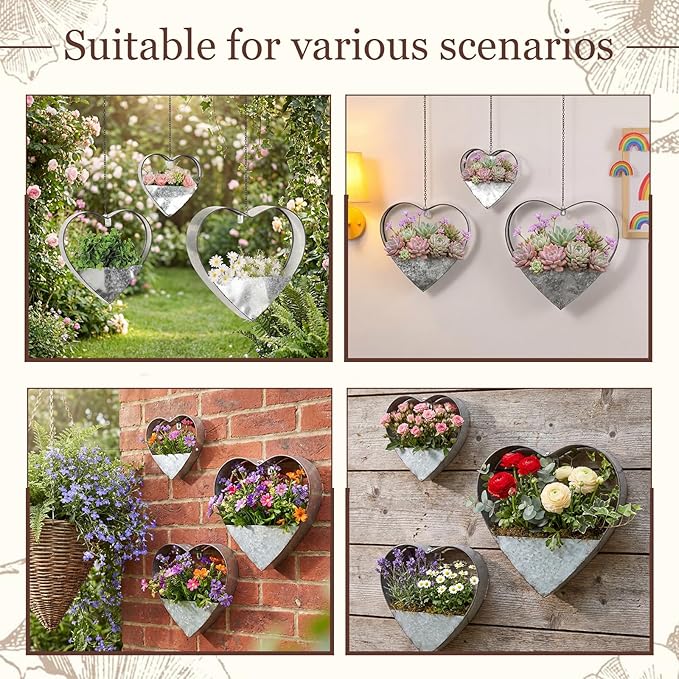 3 Pcs 3 Size Heart Metal Hanging Planter Indoor Outdoor, 13.4" 10.6" 7" Large Metal Plant Hangers Vintage Flower Pot with Hook Chain Drain Hole Gift for Gardener Women Mom Home Decor(Silver)