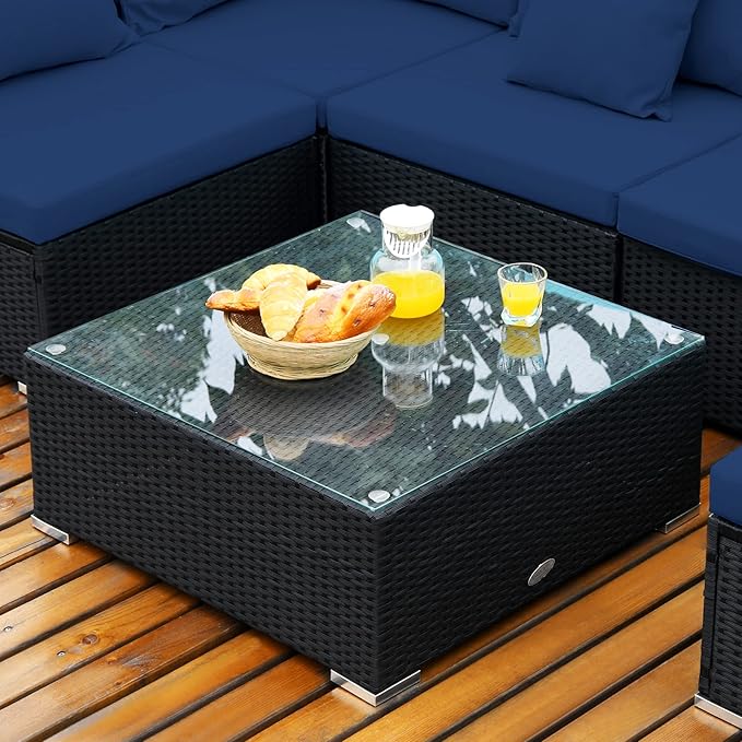 Tangkula 7-Piece Patio Furniture Set, Outdoor Sectional Wicker Sofa with Pillows and Cushions, Conversation Set with Coffee Table & Tea Table for Garden, Lawn (Navy Blue)