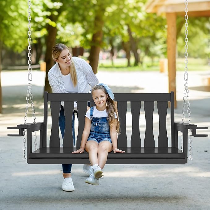 HIPS All-Weather Outdoor Hanging Porch Swing,2 Seat Hanging Swing Bench with Cup Holders,Patio Swing Chair with Hanging Chains for Courtyard & Garden