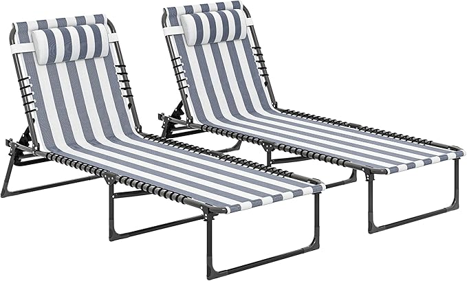 Outsunny Folding Chaise Lounge Chair Set of 2, Patio Sun Tanning Chair, Outdoor Chaise Lounger with 4-Position Reclining Back, Breathable Mesh Seat for Beach, Poolside, Yard, Blue and White