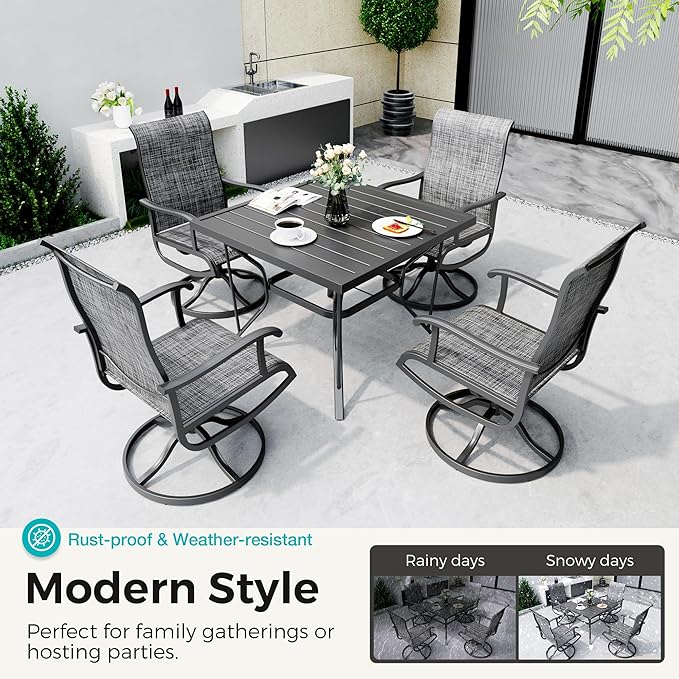 Pamapic 5-Piece Outdoor Dining Set, Patio Dining Set for 4, Outdoor Table and Chairs, All-Weather Outdoor Patio Set with Textilene Swivel Chairs for Garden, Poolside, Deck，Gray