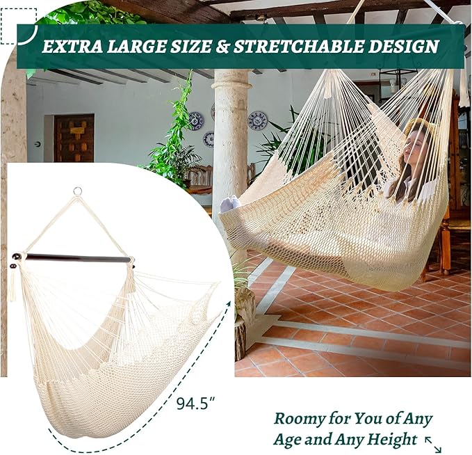 Bathonly Large Hammock Chair with Spreader Bar, Caribbean Hammock Swing Chair, XL Hammock Chair Outdoor Indoor, 330 LBS Weight Capacity, Beige