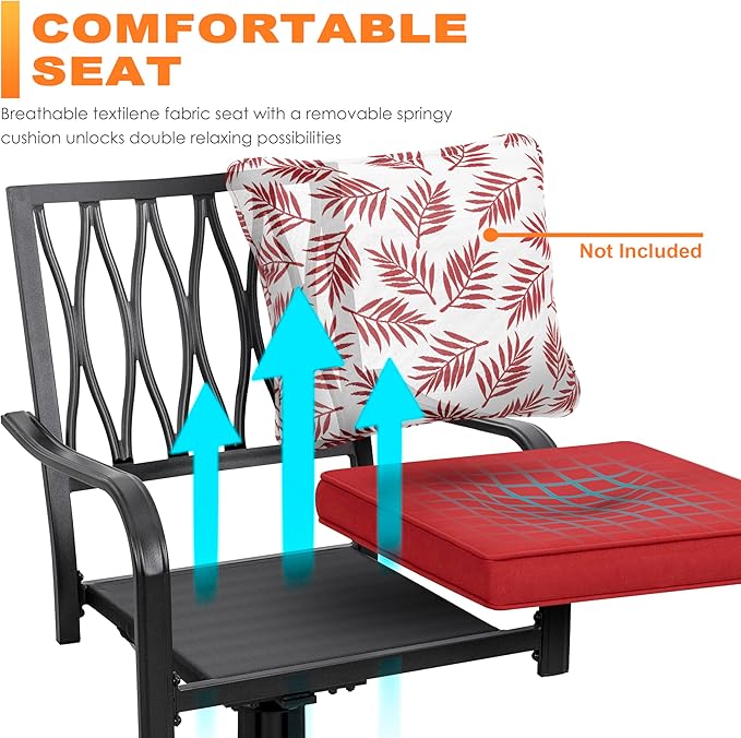 NUU GARDEN 5 Piece Outdoor Dining Set, Outdoor Furniture Set for Square Iron Umbrella Dining Table and 4 Cushioned Swivel Chairs, Black and Red Cushion