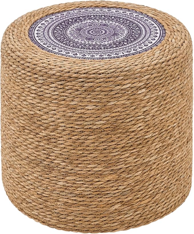 Wimarsbon Round Pouf Ottomans, Handwoven Natural Water Hyacinth Seagrass Pouffe,Outdoor Rattan Stool Accent Seat, Bohemian Coastal Home Decor (18inch Natural Cattail-Boho 2)