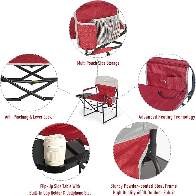 SUNNYFEEL Heated Camping Directors Chair, Heavy Duty,Oversized Portable Folding Chair with Side Table, Pocket for Beach, Fishing,Trip,Picnic,Lawn,Concert Outdoor Foldable Camp Chairs