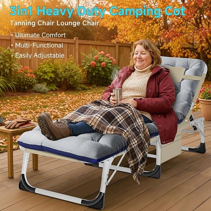ABORON 3 in 1 Sun Tanning Chair Oversized with Mat&Face Arm Hole, Heavy Duty Folding Chaise Lounge Chairs, 5-Position Outdoor Lounge Chair/Pillow, for Beach, Pool, Lawn, Yard, Patio