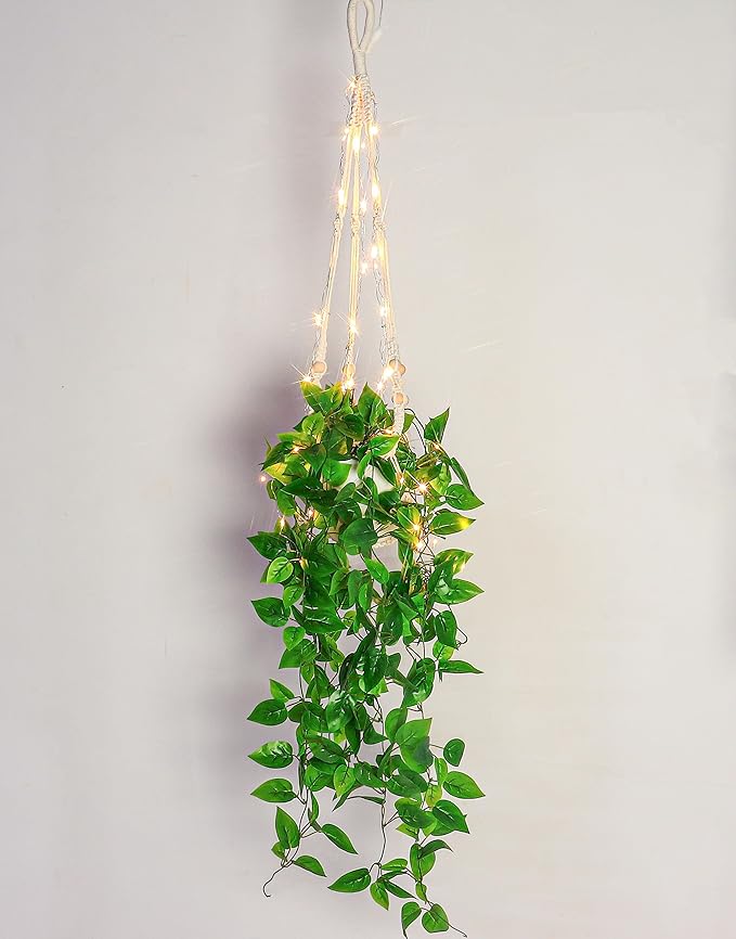 2 Packs Fake Hanging Plant with lights Artificial Plants with Pots for Home Decor Macrame Plant Hanger with Faux Vines Greenery for Bedroom Bathroom Room Ceiling Wall Boho Decor Indoor Outdoor