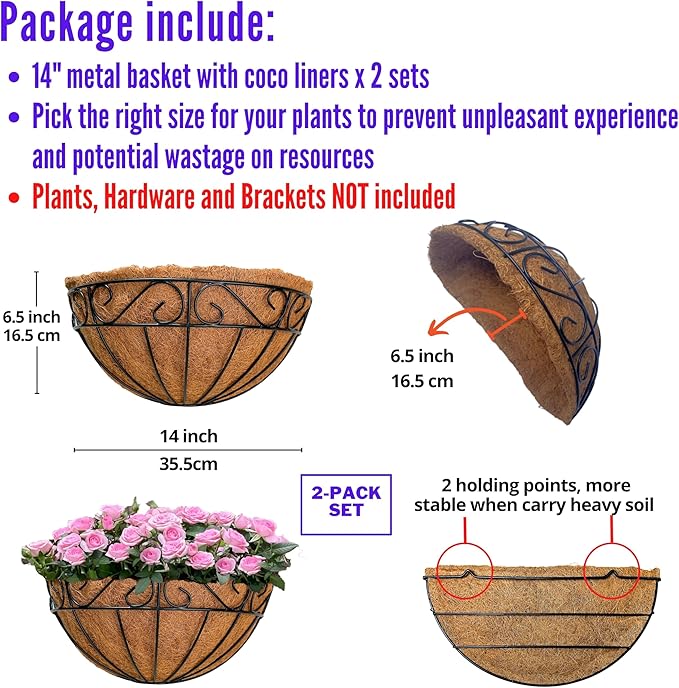 LaLaGreen Large Wall Planter Outdoor - 2 Pack, 14 Inch Large Fence Hanging Flower Baskets with Coco Liner, Herb Pots Holder Rail Planter Outside Railing Deck Porch Balcony Vertical Garden Privacy Wall