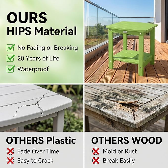 Y&M Outdoor Side Table, HIPS Adirondack Small Double Layer Table, Waterproof Square Outside Table, Balcony End Tables for Patio, Pool, Porch, Deck, Indoor or Outdoor Use, Lime