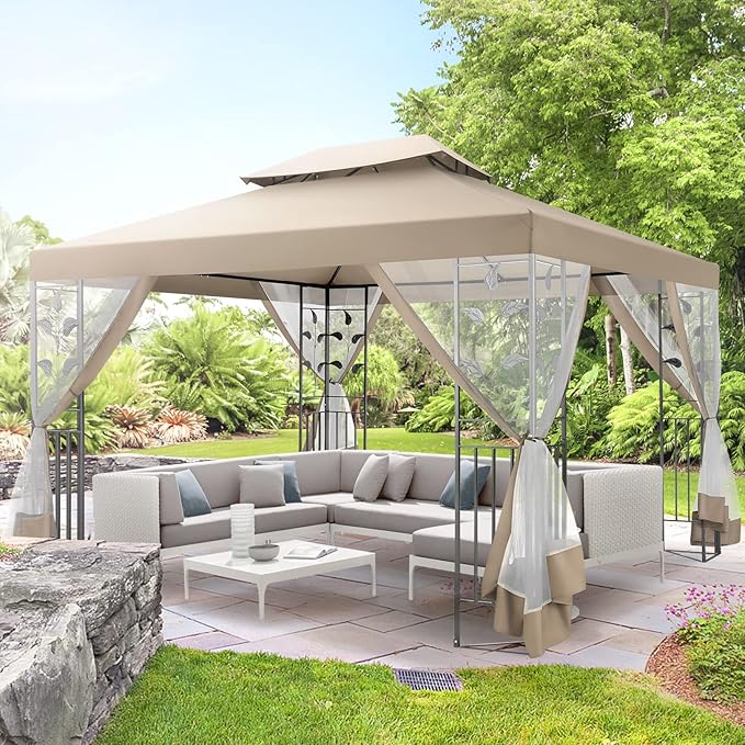 COBIZI Gazebo 10x13 Heavy Duty Gazebos with Improved Nettings Outdoor Gazebo Double Roof Patio Gazebos with Metal Steel Frame Outdoor Canopy for Patio, Deck, Backyard (Khaki)