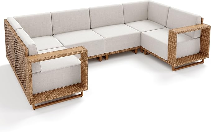 6 Pieces Patio Furniture Set,Outdoor Rattan Wicker Sectional Sofa with 10''Ultra-Thick Cushions,All Weather Patio Conversation Set for Lawn Garden Backyard,Beige