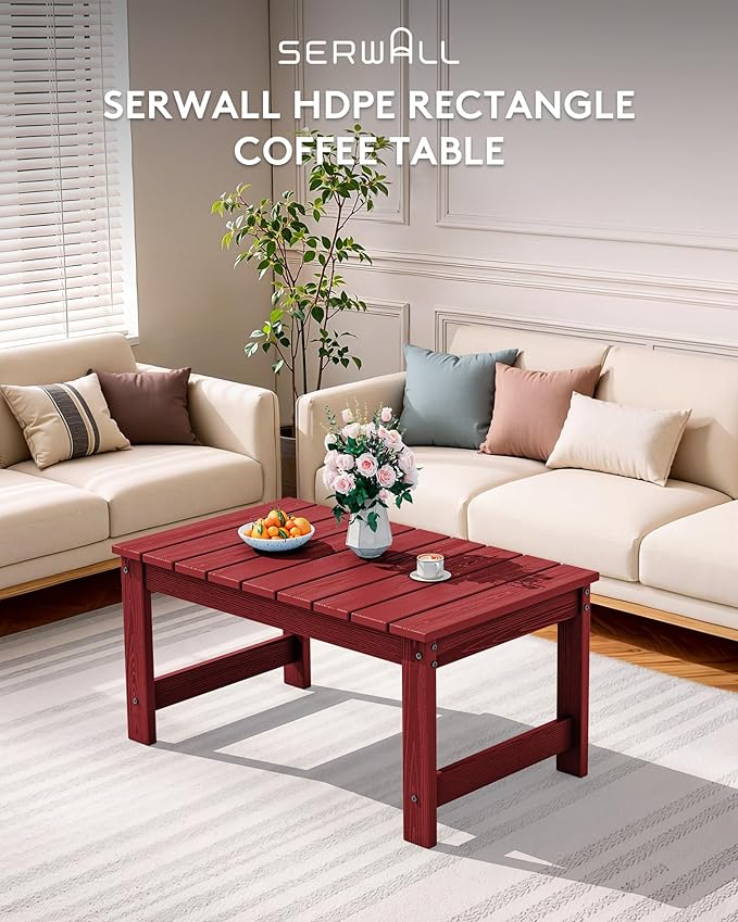 SERWALL Outdoor Coffee Table with 1.69" Umbrella Hole, HDPE Patio Coffee Table for Outside, Rectangle, Red