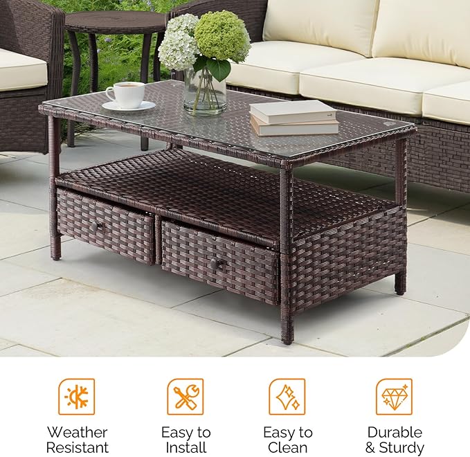 VINGLI Outdoor Wicker Coffee Table with 2 Drawers & Tempered Glass Top, Patio Coffee Table Outdoor Table for Balcony, Porch, Deck