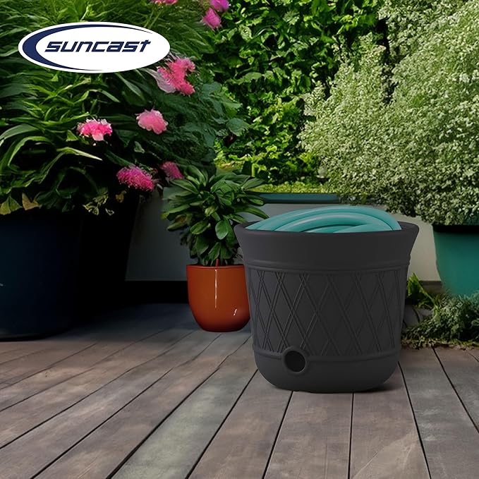 Suncast Lattice Hose Pot for Outdoor Garden Storage, Peppercorn - Holds 300 ft Expandable or 50 ft Standard 5/8" Vinyl Hoses, Resin Hideaway Organizer with Drainage and Water Supply Port