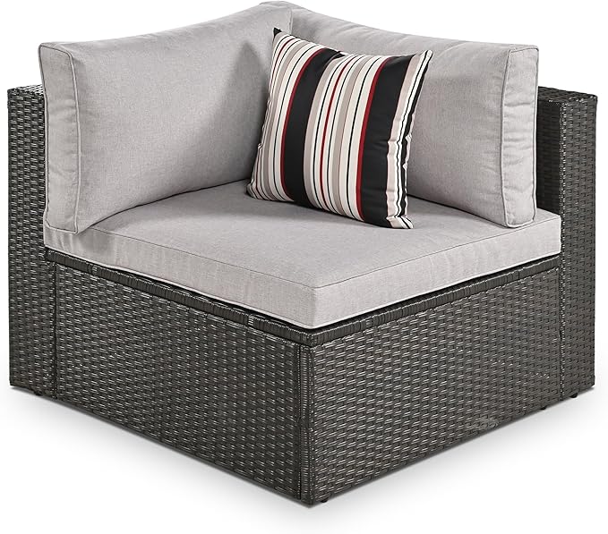 Merax 7-Piece Outdoor Wicker Sectional Sofa Set,Modular Rattan Conversation Set with Gray Cushions,Striped Green Pillows & Tempered Glass Coffee Table for Patio,Garden,Deck,Brown