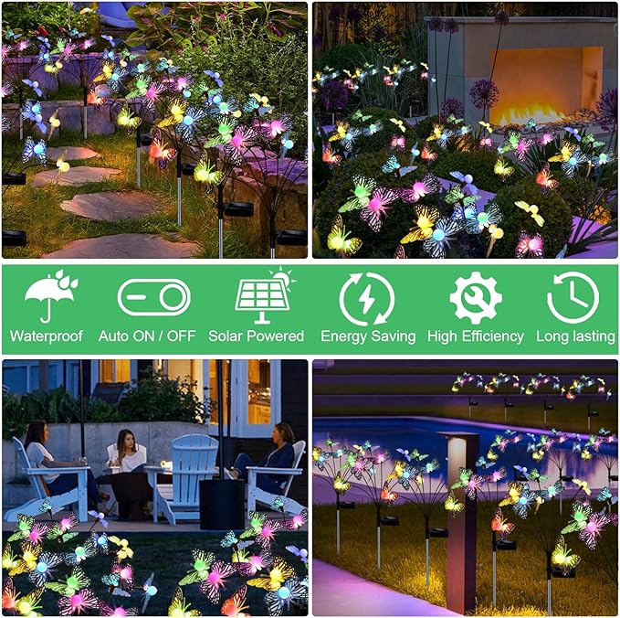 Solar Garden Butterfly Lights, 4 Pack 48 LED Solar Swaying Lights, 7 Color Changing Waterproof Firefly Light Outdoor Fairy Light for Garden Patio Yard Pathway Flower Bed Decoration