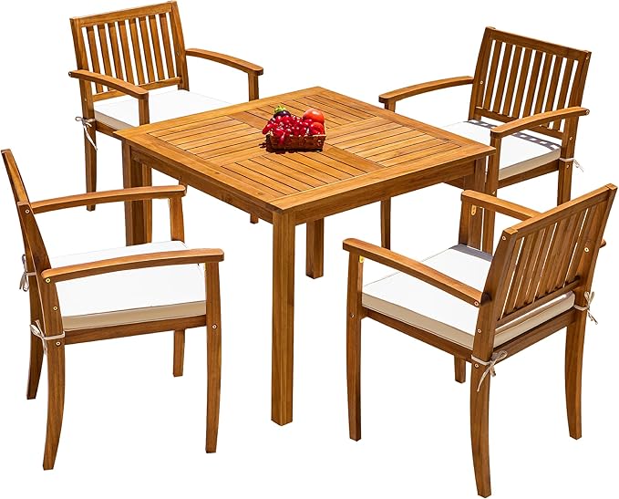 Flamaker 5 Piece Outdoor Dining Set Acacia Wood Patio Table and Chairs with Soft Cushions Patio Furniture for Deck, Backyard, Garden