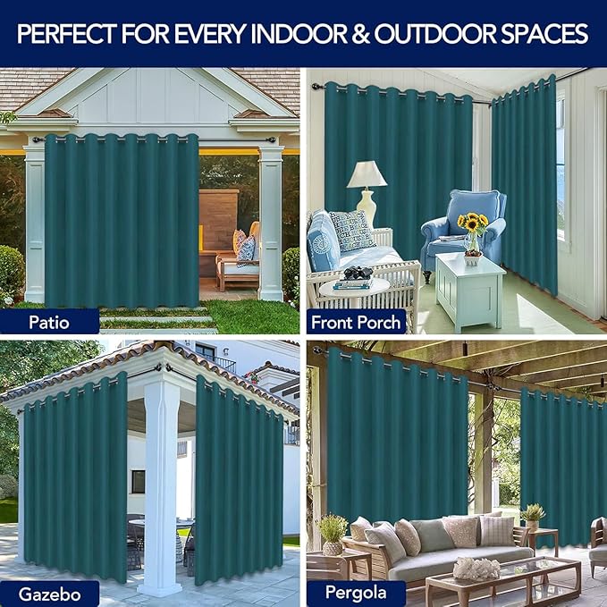 PureFit Outdoor Curtains for Patio Waterproof Weatherproof, UV and Fade Resistant Outside Curtains for Gazebo, Front Porch, Pergola, Sun Blocking Privacy Curtain, 120W x 95L inch, 1 Panel, Teal