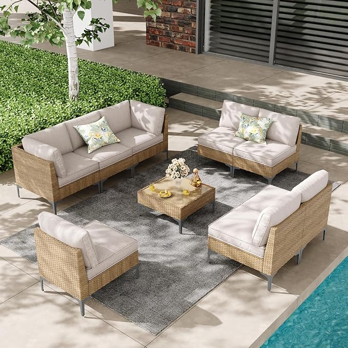 9 Piece Wicker Patio Furniture Set,Outdoor Conversation Sectional Sofa w/Coffee Table,All-Weather Outdoor Sofa with Thick and Anti-Slip Cushions for Deck,Poolside,Garden,Beige