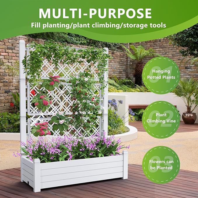 Raised Garden Bed with Trellis for Climbing Plants, 43.43" L x 18.27" W x 59.29" H Planter Box with Self Watering Drainage Holes for Outdoor Backyard Patio Balcony, Anti-Rust Resin (Ashen)