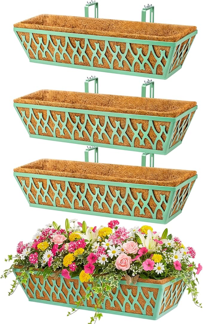 4 Pack 24 Inch Window Boxes Planters Railing Planter Box with Adjustable Brackets for Porch Fence Patio Balcony Hanging Flower Baskets with Coco Liners for Outdoor Garden Decor - Green