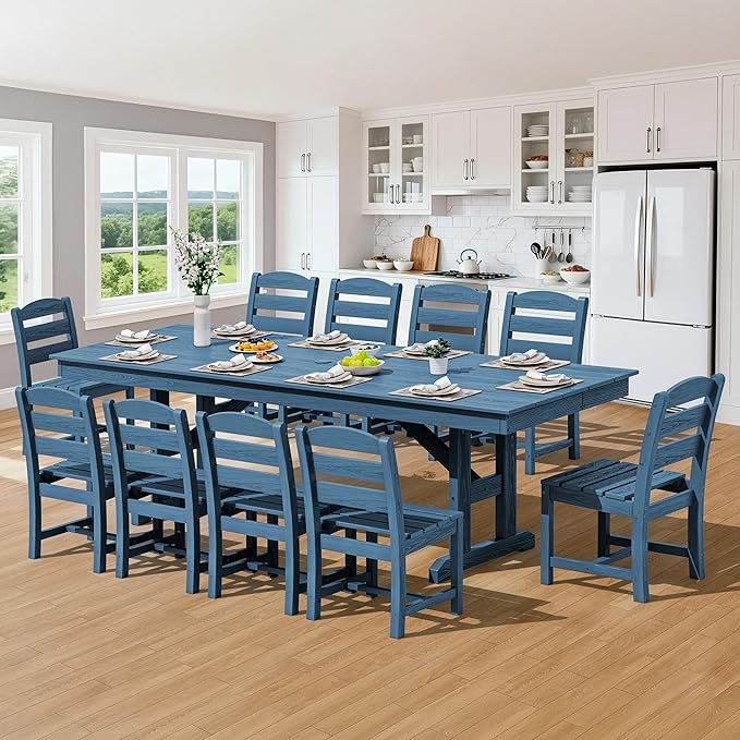 SERWALL 11 Piece Outdoor Dining Set, 84" HDPE Outdoor Table and Chairs for 10，All Weather Patio Furniture Set with Umbrella Hole for Backyard, Garden, Blue