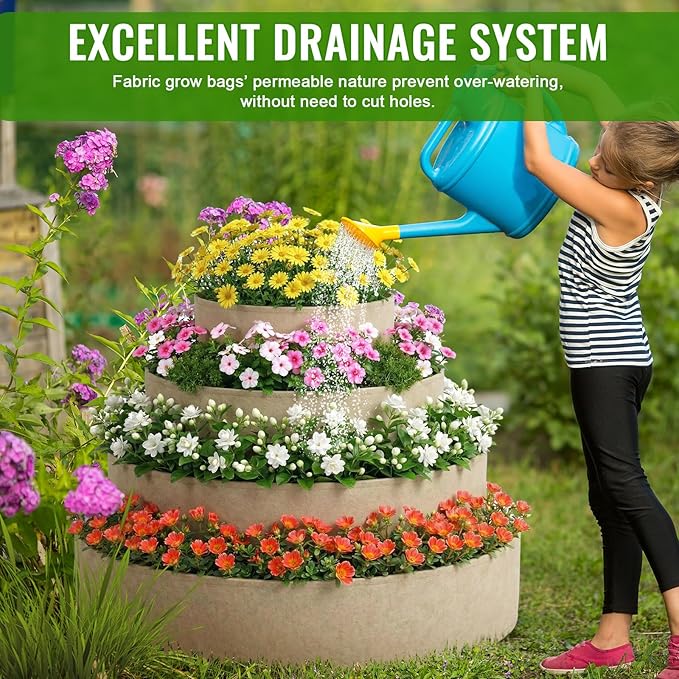 4 Pcs Plant Grow Bags 4 Tiered Strawberry Planter Tower Fabric Raised Garden Beds, 39 Inch Nonwoven Strawberry Pyramid Planter for Vegetables Flower Herbs Gardening Outdoor Growing (Khaki)