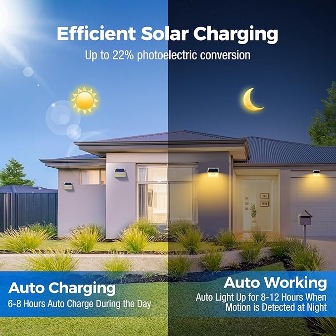 Peasur Solar Lights Outdoor Motion Sensor Waterproof, 4Pack 140LED White Solar Powered Fence Lights, 3 Modes Security Wall Lights for Garden Yard Outside Warm