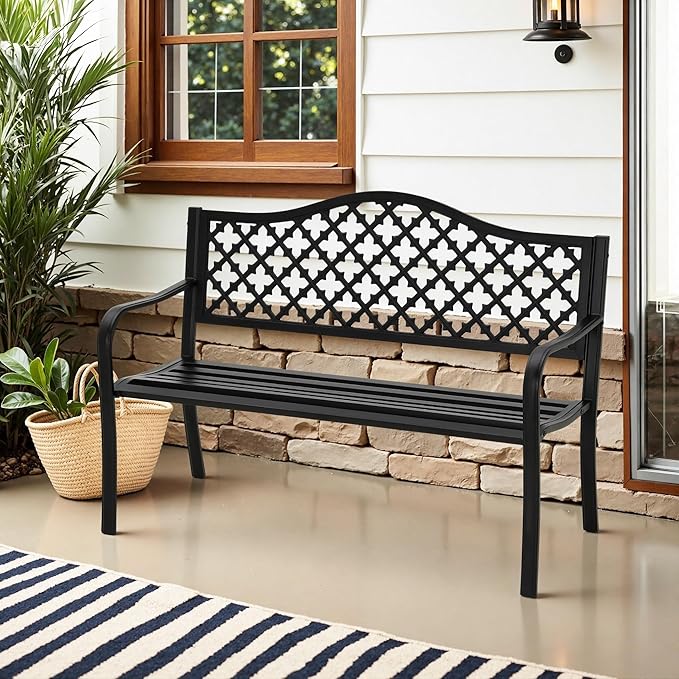MFSTUDIO 50" Black Outdoor Metal Garden Bench, Cast Iron Frame Patio Furniture with E-Coating, Perfect for Porch and Yard