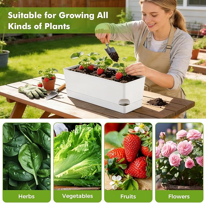 4 Pack Self Watering Pots for Indoor Plants 17 Inches Window Boxes Planters Rectangular Flower Pots Rectangle Herb Pots Large Plant Pots with Drainage Holes and Saucers Windowsill Planter, White