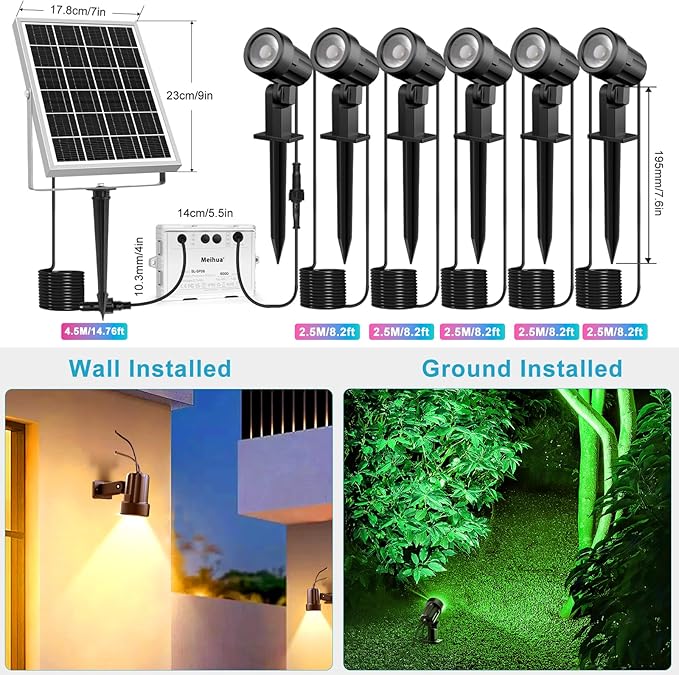 MEIHUA Solar Spot Lights Outdoor Color Changing, 6 in 1 Solar Landscape Lighting RGB Spotlights with Remote Control, IP66 Waterproof Solar Lights Outdoor Garden for Pathway Yard Pool Tree