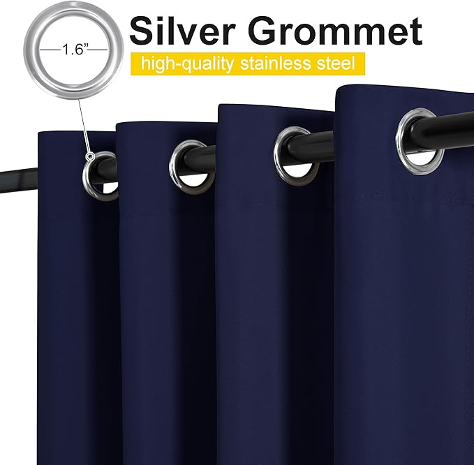 NICETOWN Canvas Outdoor Curtains for Paito 2 Panels, Dark Blue, W52 x L84 per Panel - Waterproof & Windproof Sun Shades with Grommet & Back Tab & Rod Pocket, Free Rope Included for Bottom Fixing