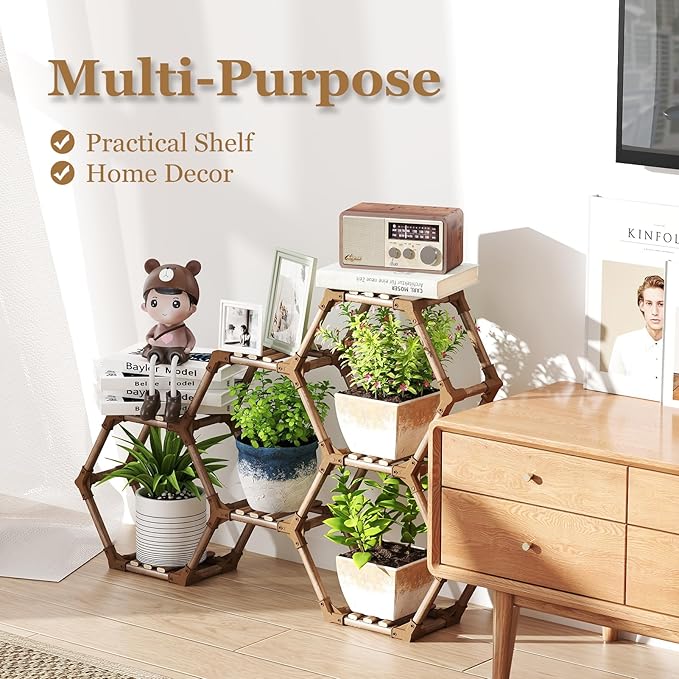 Tikea Plant Stand Indoor Outdoor Hexagonal Corner Plant Stand for Succulents Small Plants Wooden Plant Shelf 7 Tiered Creative DIY Flowers Stand Rack for Living Room Balcony Patio Window