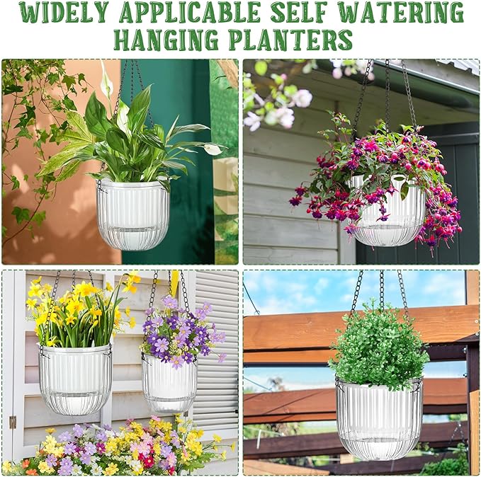 Maxcheck 4 Pcs Self Watering Hanging Planters Indoor Gift 6.5'' 4.5'' Hanging Flower Pots Baskets Outdoor Self Watering Plant with 3hooks Drainage Holes for Home(Clear)