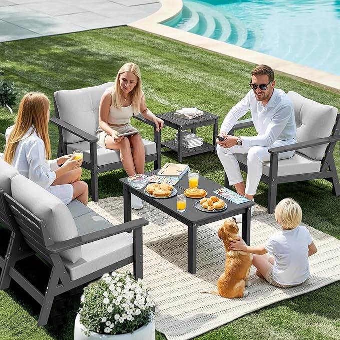 6-Piece HDPE Patio Furniture Set, Outdoor Sectional Sofa Set,All Weather Outdoor Couch with Dust-Free Cushions, Durable Patio Conversation Sets for Balcony, Porch, Gray