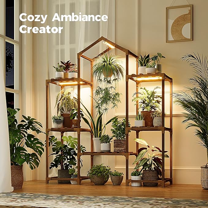 Bamworld Plant Stand Indoor with Grow Lights Wood Plant Shelf for Hanging Planter Pots Display Flower Stand for Living Room Patio Garden Decor