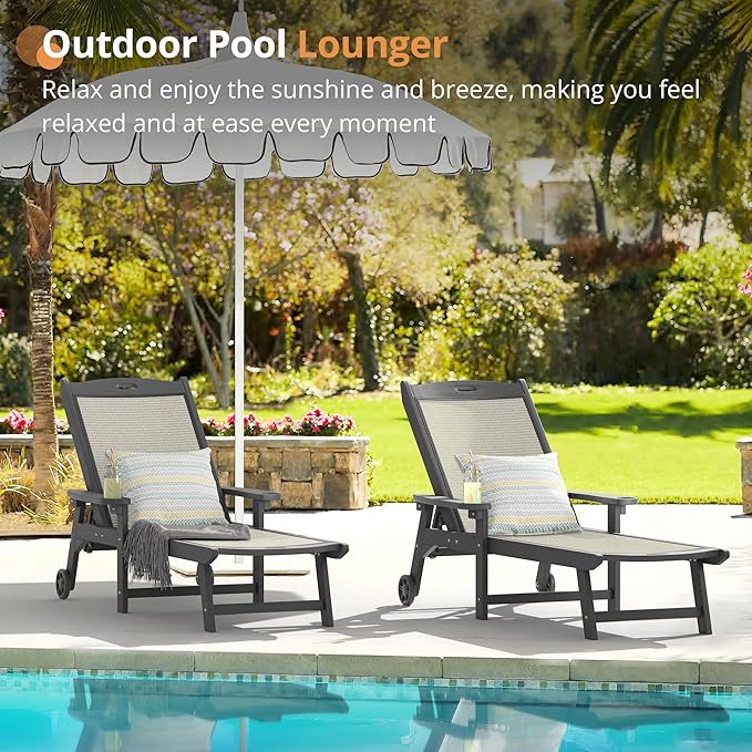 LUE BONA Chaise Lounge Chair Outdoor Set of 4, HDPS and HDPE Wicker Material, Patio Lounge Chair with Adjustable Backrest, Resin Pool Lounge Chairs with Wheels for Backyard, Poolside and Deck