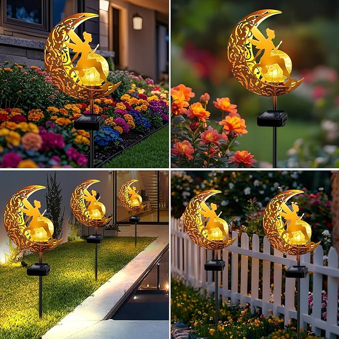 YJFWAL Garden Solar Lights Pathway Stake Lights Moon Fairy Glass Globe with Angel Decor, Christmas Gift for Mom Grandma Friends, Outdoor Decor Light Waterproof for Walkway, Patio, Garden (Warm White)