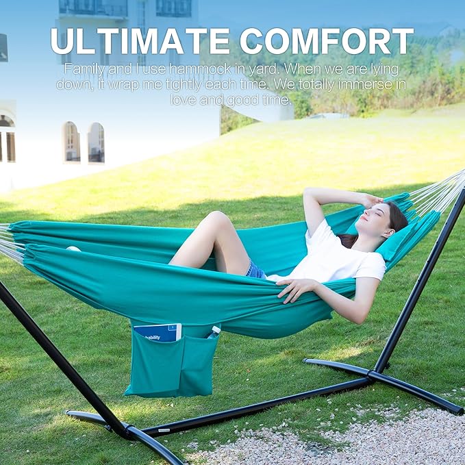 PNAEUT Double Hammocks with Stand for Outside, Portable Space Saving Heavy-Duty Steel Stand for Indoor Outdoor Patio with Carrying Bag, 450 lbs Capacity (Aqua)